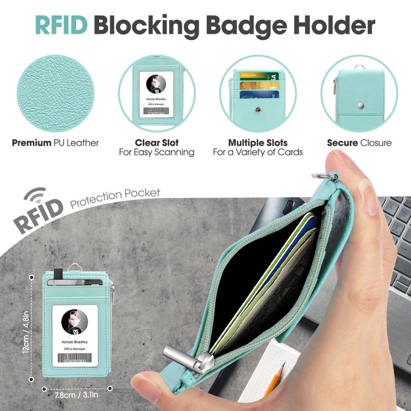 ELV Retractable ID Badge Holder with Breakaway Lanyard, Detachable Heavy Duty Badge Reel, RFID Blocking Card Holder Wallet, Keychain, for Office School Business Security Staff Men Women - Mint - Image 3